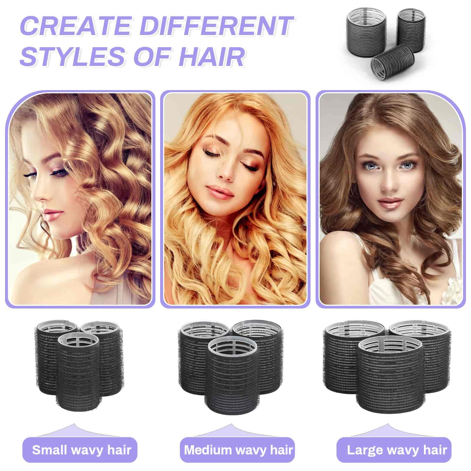 Self Grip Hair Rollers and Curlers Set - 24 Pieces with 3 Sizes (4 Jumbo, 4 Large, 4 Medium) and 12 Clips for Long, Short, Thick, Fine Hair Styling