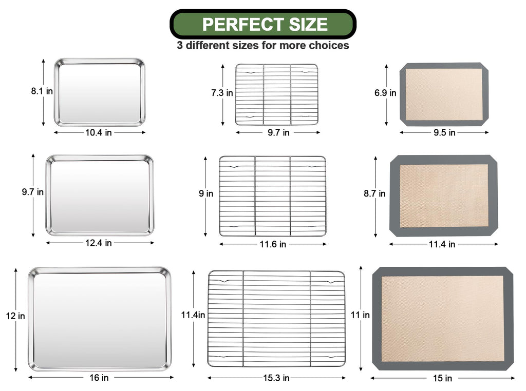 Baking Sheet Tray Cooling Rack with Silicone Mat Set, Stainless Steel Cookie Pan For Oven, Set of 9 (3 Sheets + 3 Racks Mats), Warp Resistant & Heavy Duty & Easy Clean, Grey