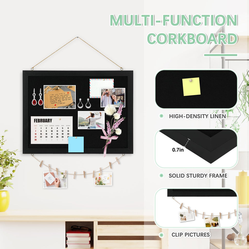 DOLLAR BOSS Black Cork Board with Linen Double-Sided 16''X 12'', Black Cork Boards for Walls, Wood Frame Bulletin Board Hanging Pin Board, Cork Board for Office Home School 1-Pack