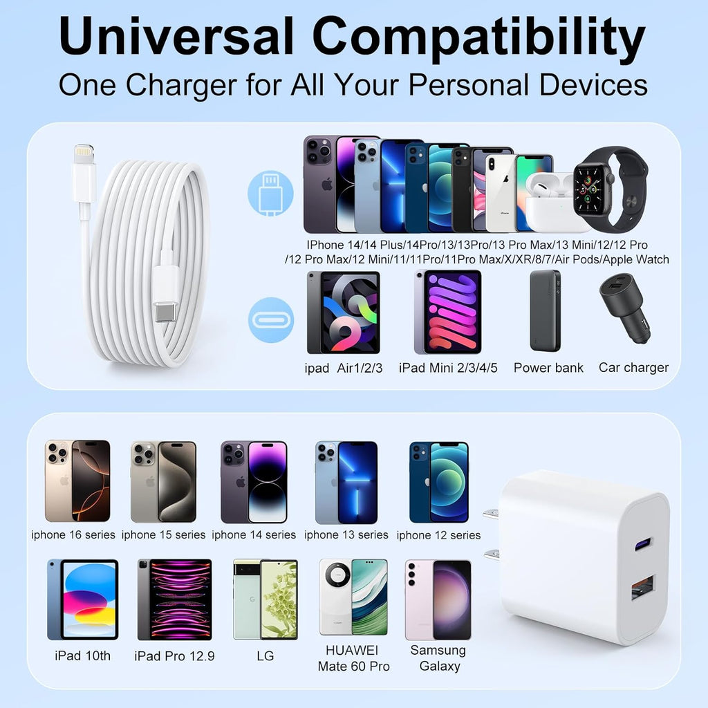 iPad Charger 2 Pack 20W Dual Port QC + PD 3.0 Power Adapter Fast Wall Charger Block with 6FT&10FT Lightning Cord Cable for iPad 9/8/ 7 Generation, iPad Air, iPad mini, iPad Pro, iPhone