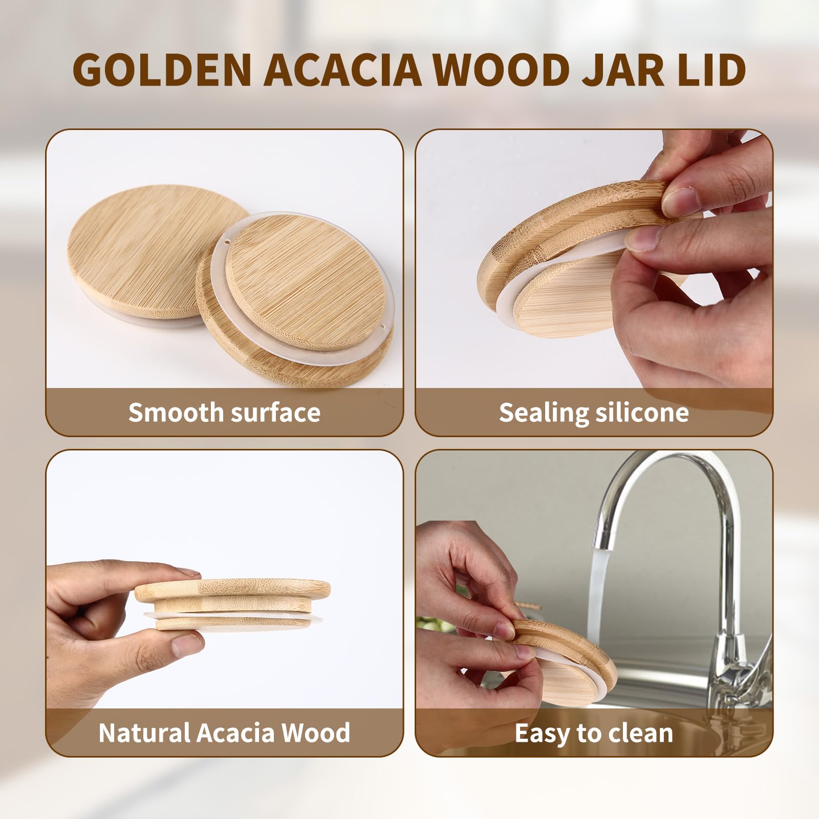 6 Pack Wide Mouth Mason Jar Lids Reusable canning lids Acacia Wooden mason jar Lids with Airtight Silicone Seal, Brown (6PCS Wide Lids)