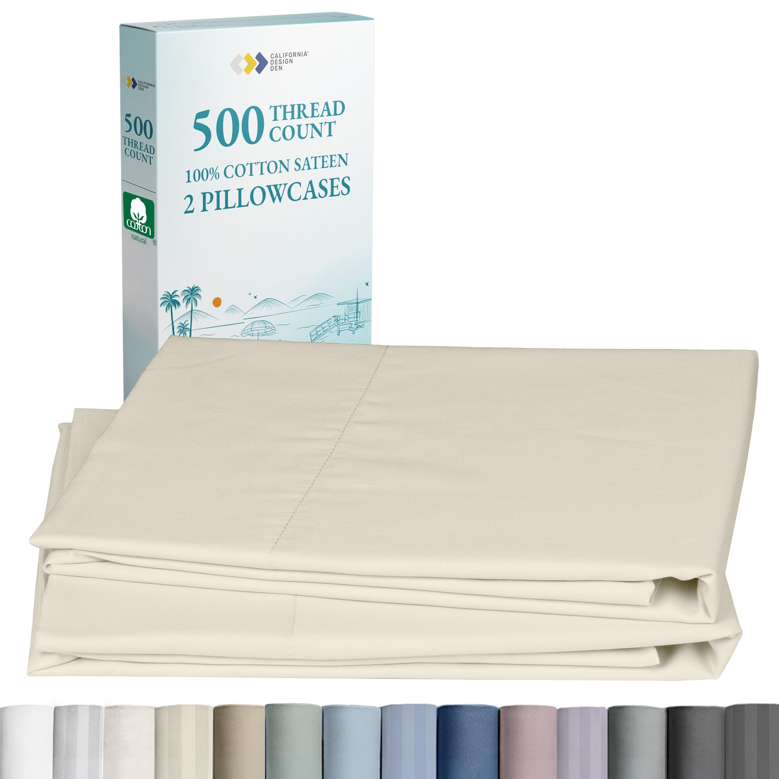 CALIFORNIA DESIGN DEN Soft & Silky 500 Thread Count 100% Cotton is Cool & Smooth, White Pillowcases Queen Size Fits Standard & Queen Pillows (Pure White)