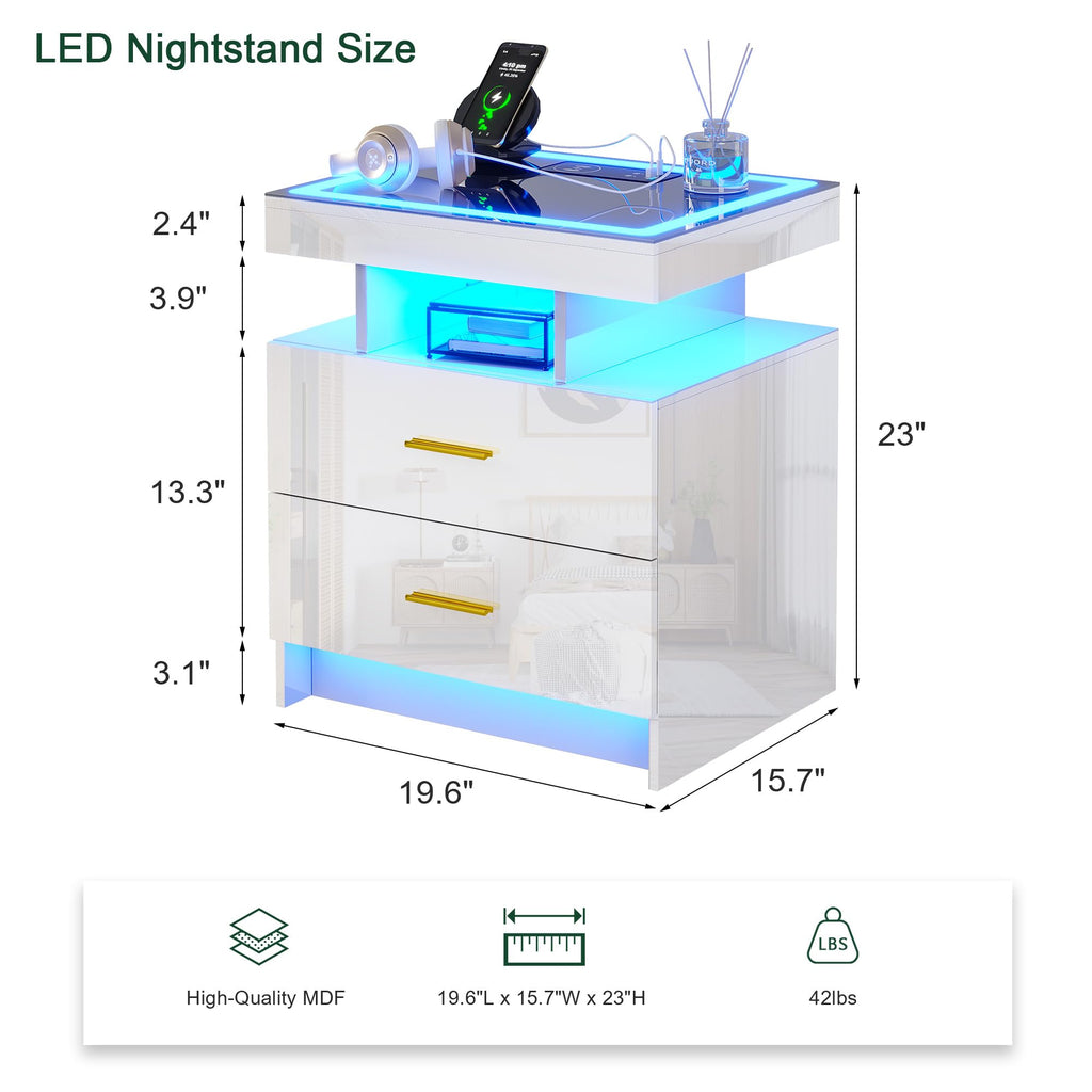 HNEBC LED Nightstand with Charging Station,Smart Bedside Table with Motion Sensor Lights,3 Drawers,Tempered Glass Top,High Gloss End Table with 3 Color Lights for Bedroom, Living Room,Office-Black
