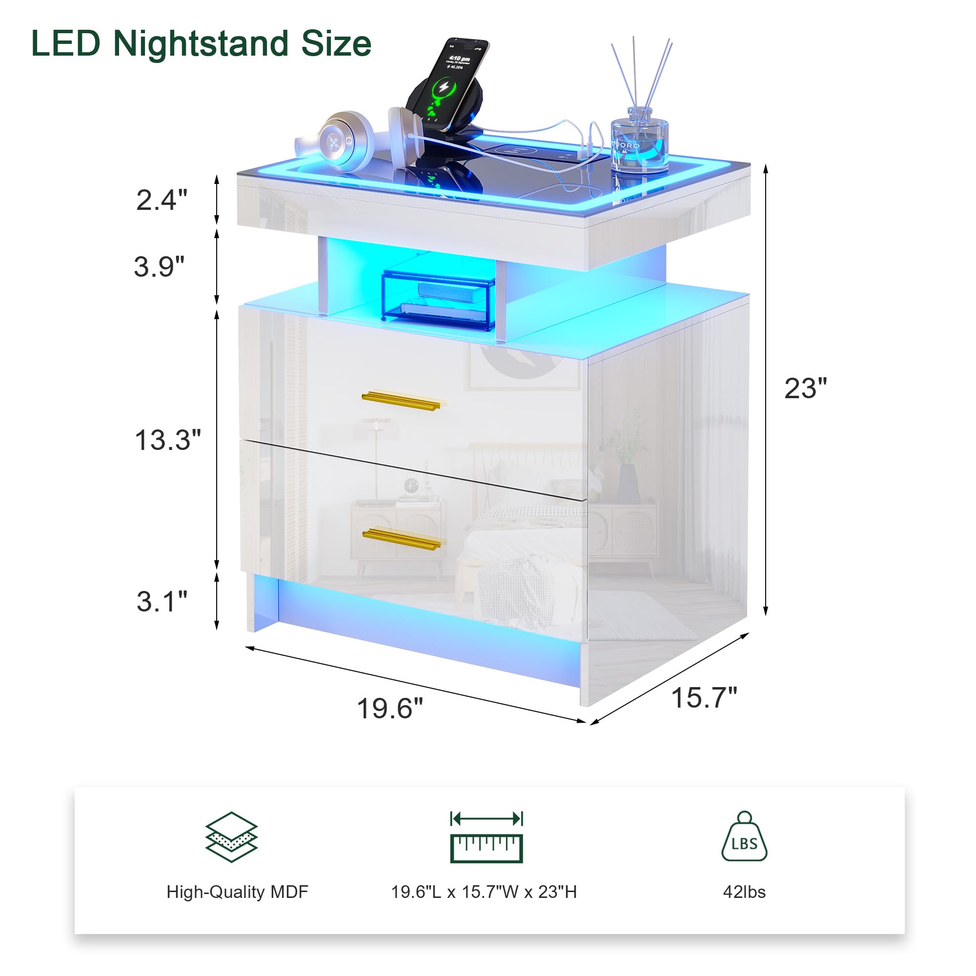 HNEBC LED Nightstand with Charging Station,Smart Bedside Table with Motion Sensor Lights,3 Drawers,Tempered Glass Top,High Gloss End Table with 3 Color Lights for Bedroom, Living Room,Office-Black