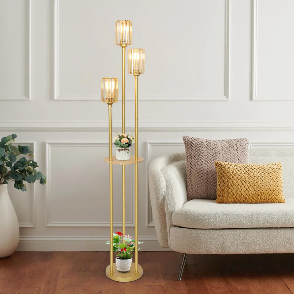 HMVPL Gold Floor Lamps for Living Room, Modern Floor Lamp with Shelves, Crystal Standing Lamps with Table, Brass Tall Lamp with Crystal Shade, On/Off Switch, Mid Century Corner Floor Lamp for Bedroom