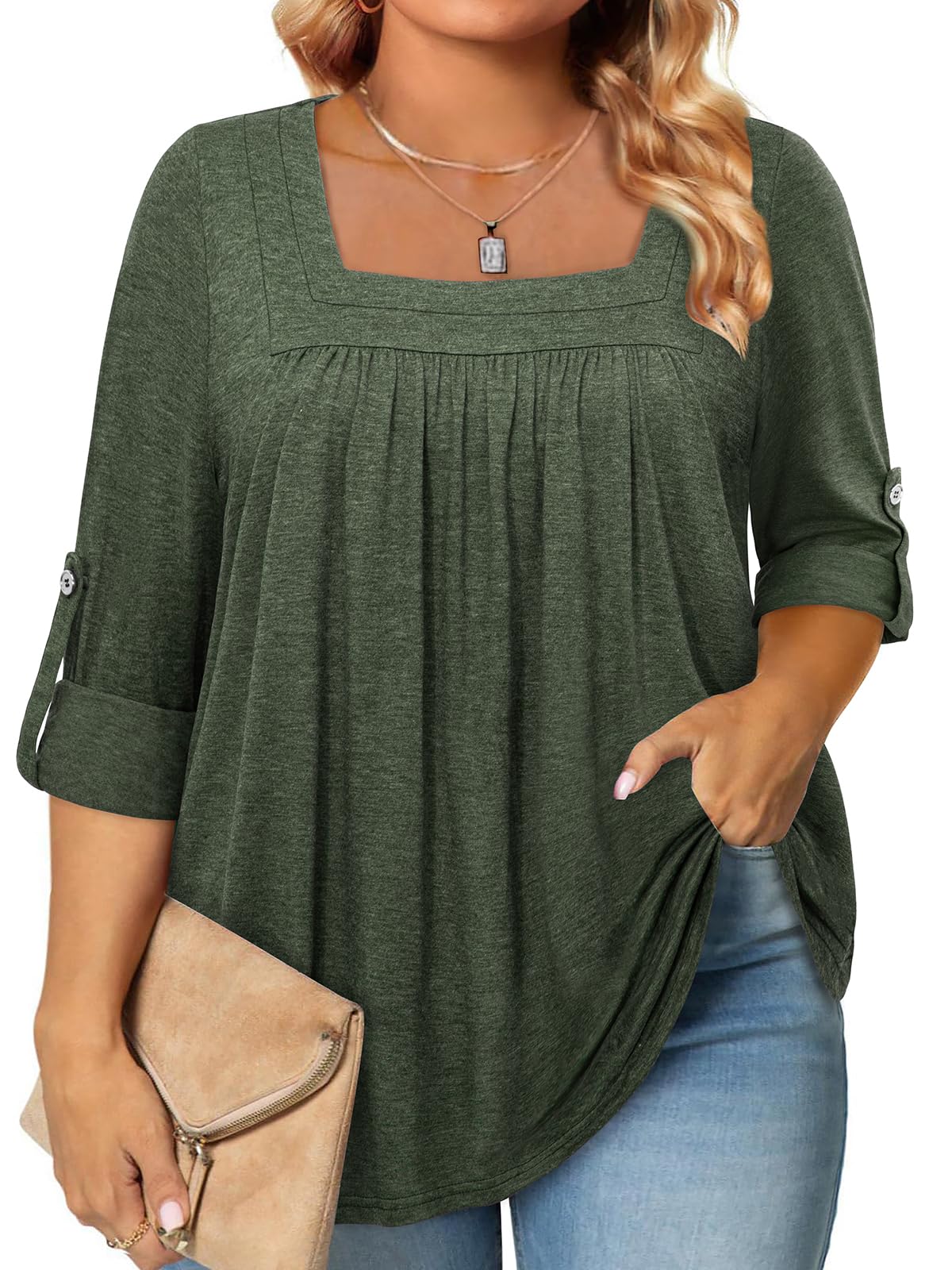 Siddhe Womens Plus Size Tops Loose Fit 3/4 Ruffle Sleeve Blouses Square Neck T Shirt Casual Tunic Tops(1X-5X)