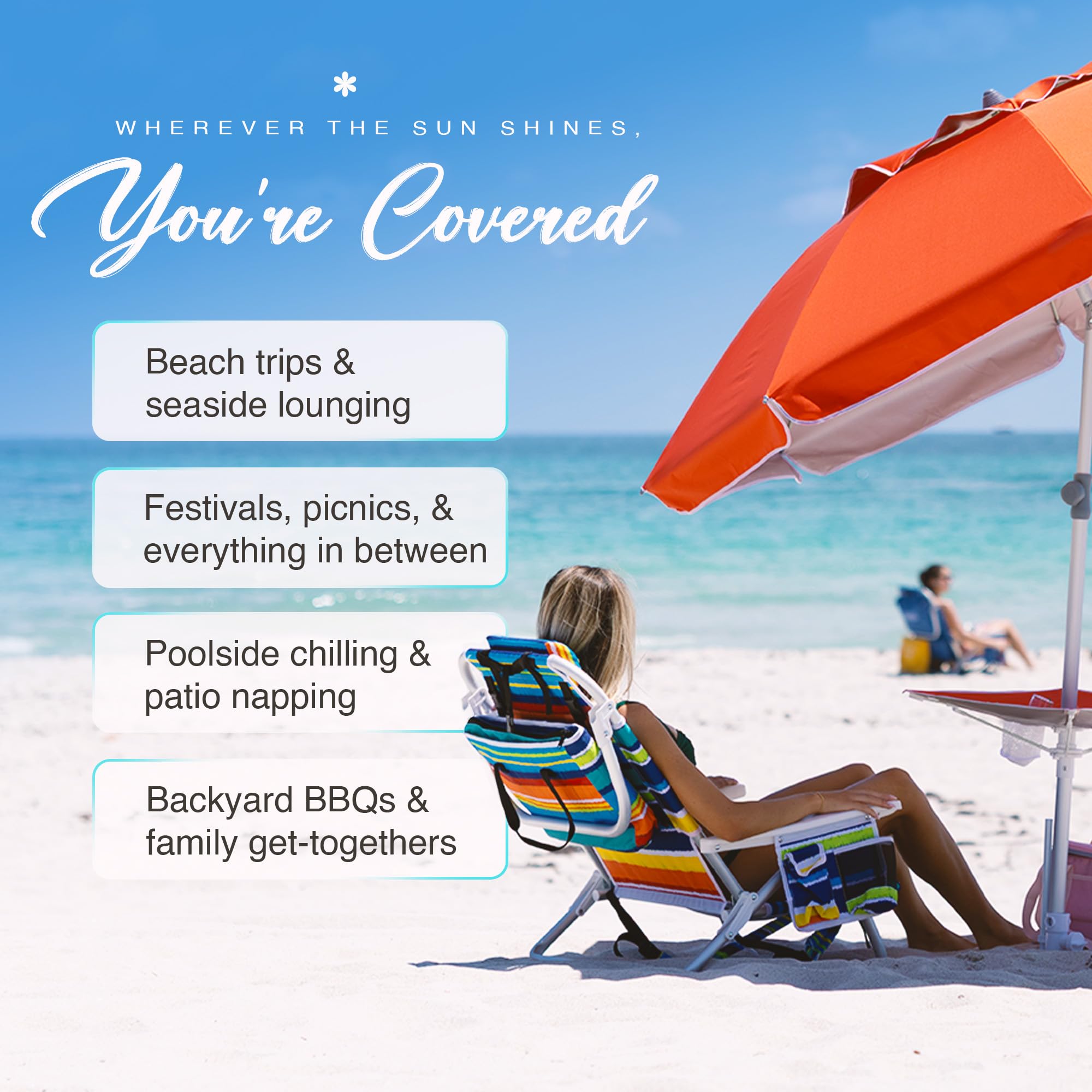 AMMSUN 7ft Heavy Duty High Wind Beach Umbrella with sand anchor, Built-in Table Tray Vent Tilt Pole, UPF 50+ Windproof Portable Outdoor Umbrellas Carry Bag for Patio Garden Pool Backyard stripe