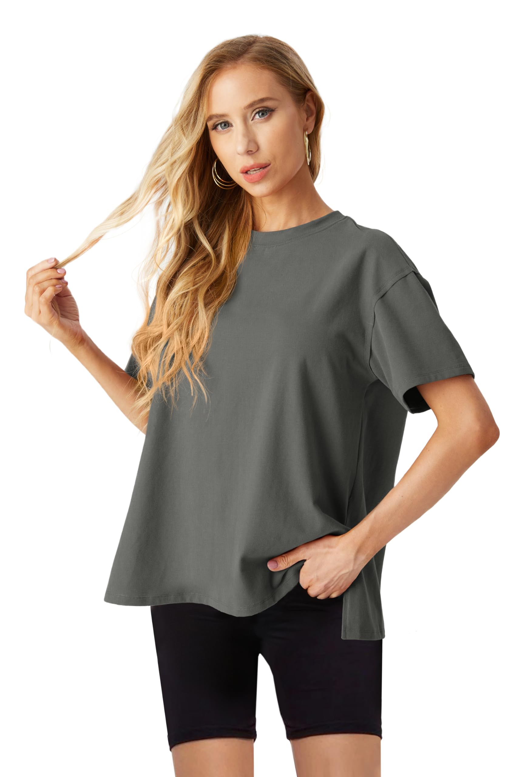 Lepunuo Oversized T Shirts for Women Summer Tops 2024 Trendy Cotton Casual Loose Fit Short Sleeve Side Slit Tee Shirts