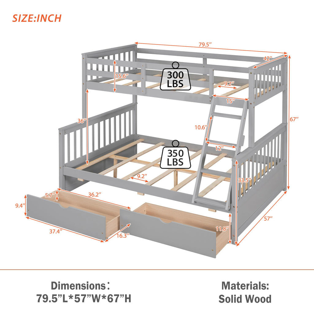 Merax Wood Bunk Bed with Two Drawers,Convertible Wood Bunk Bed with Ladders and Two Storage Drawers,Solid Wood Detachable Bed Frame with Ladders, Twin Over Full Size, Espresso