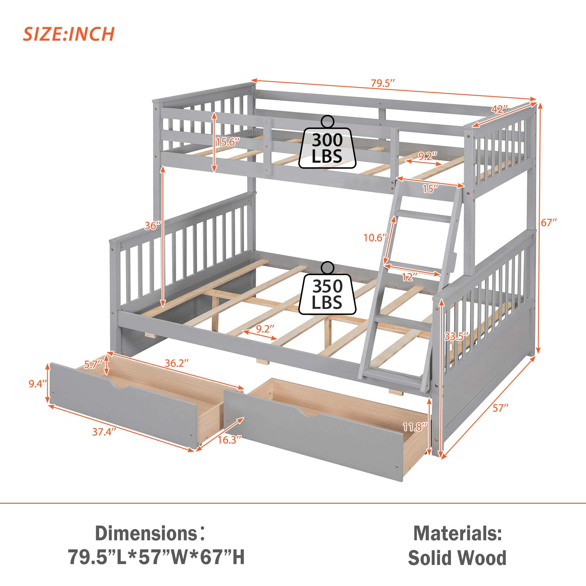 Merax Wood Bunk Bed with Two Drawers,Convertible Wood Bunk Bed with Ladders and Two Storage Drawers,Solid Wood Detachable Bed Frame with Ladders, Twin Over Full Size, Espresso
