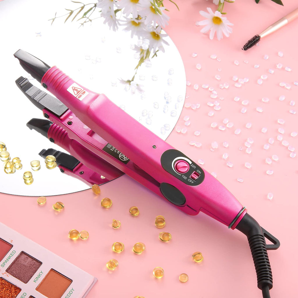 Hair Extensions Iron Fusion Keratin Hair Extensions Heat Tool Heat Connector Wand with Fusion Glue Protector Template Hair Clip Finger Protector 2 Bag Keratin Glue Granule Bead(Black)