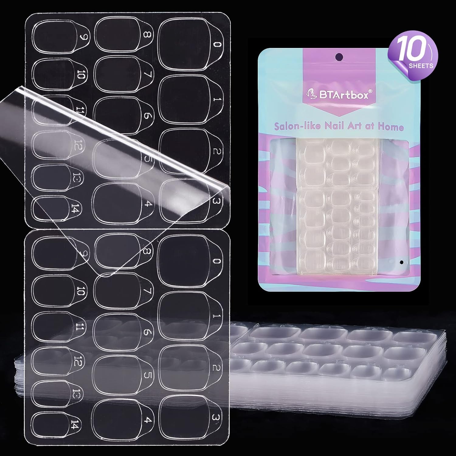 BTArtbox Nail Adhesive Tabs for Press On Nails - 10 Sheets 15 Sizes Ultra Thin & Waterproof Nail Stickers for Fake Nails, 300PCS Double Sided Jelly Nail Sticky Tabs for Manicure