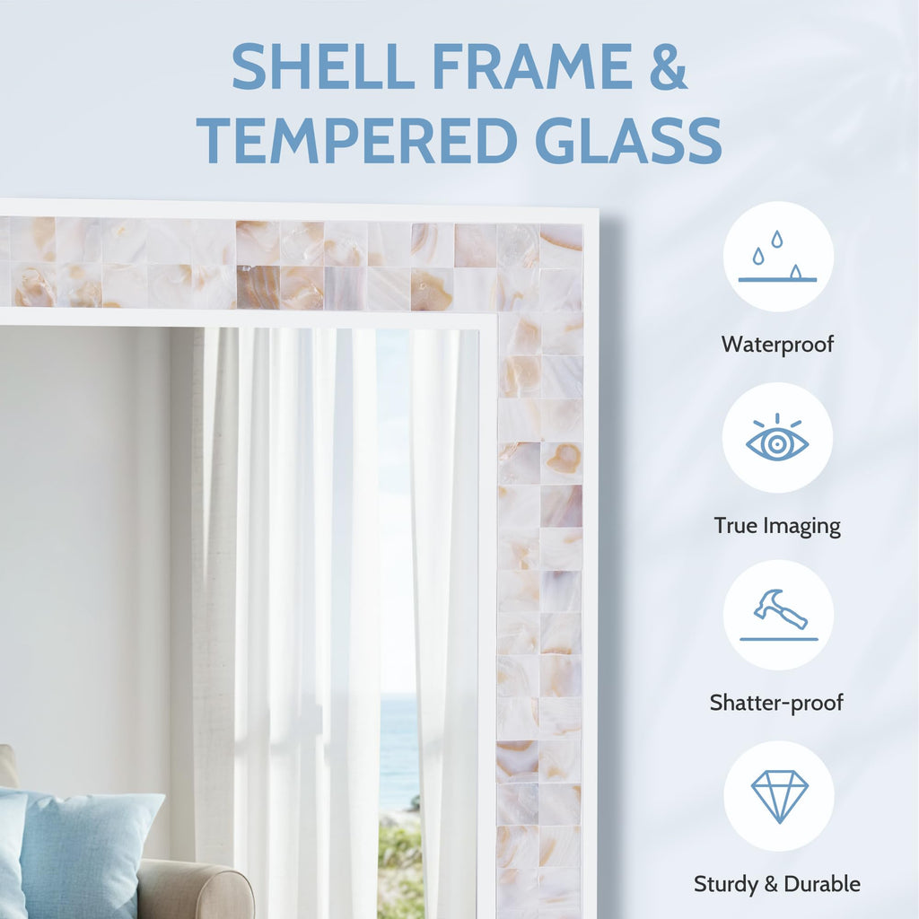 Tanmicoshomy Round Wall Mirror 24 Inch,Circle Mosaic Mirror with Natural Mother of Pearl and Wood Frame, Decorative Coastal Round Wall Mirror for Bathroom Bedroom Living Room Entryway