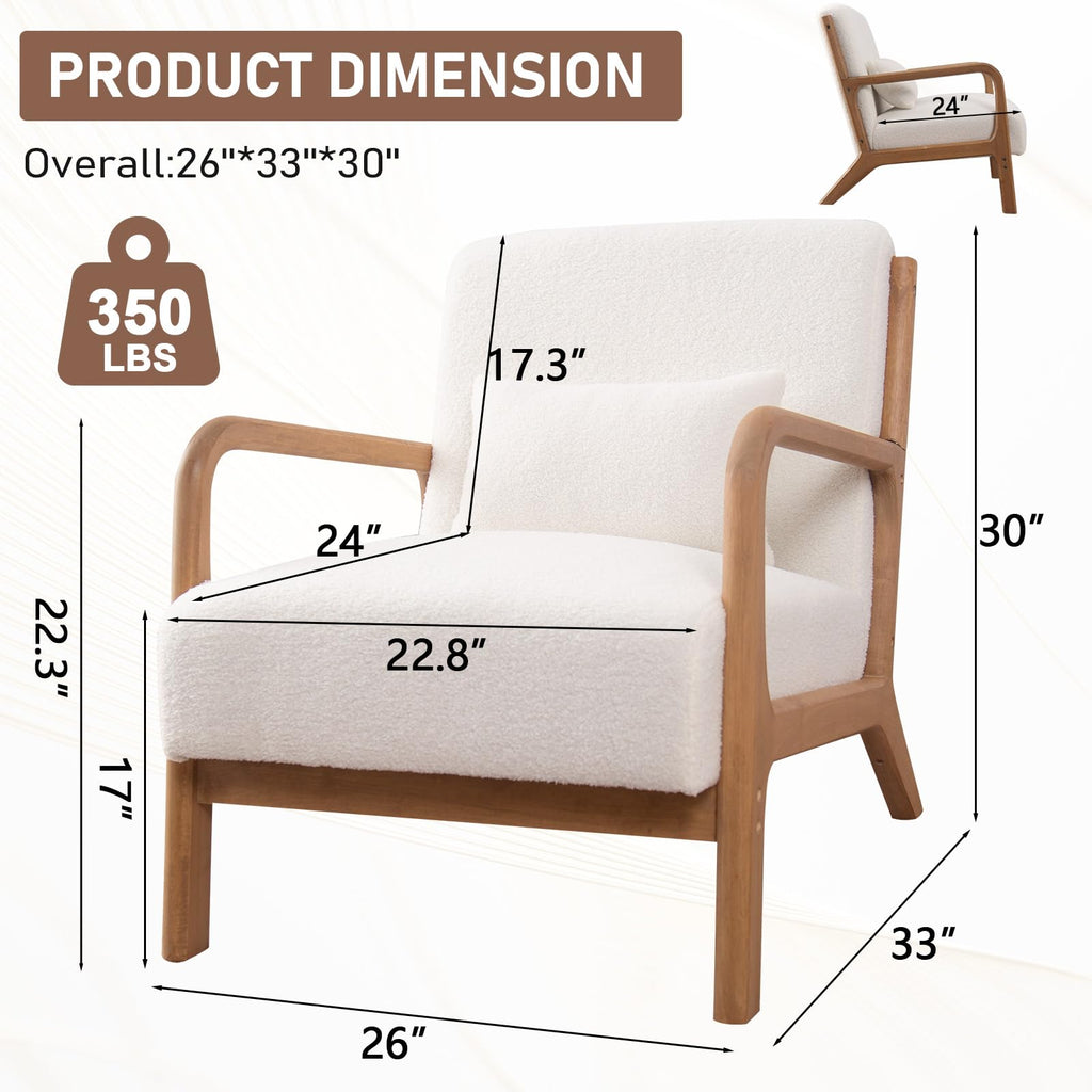 ANJ Mid Century Modern Accent Chair, Comfy Fabric Living Room Chairs with Solid Wood Frame, Lounge Reading Armchair, Easy Assembly, Beige