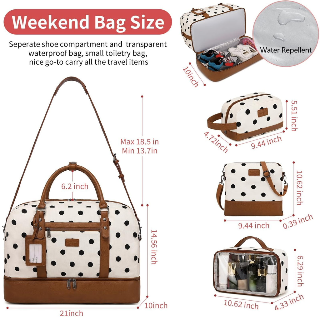 Wogarl 4PCS Weekender Bags for Women Large Overnight Weekend Travel Duffel Carry on Shoulder with Shoe Compartment Canvas Toiletry Bag for Travel Business Gym