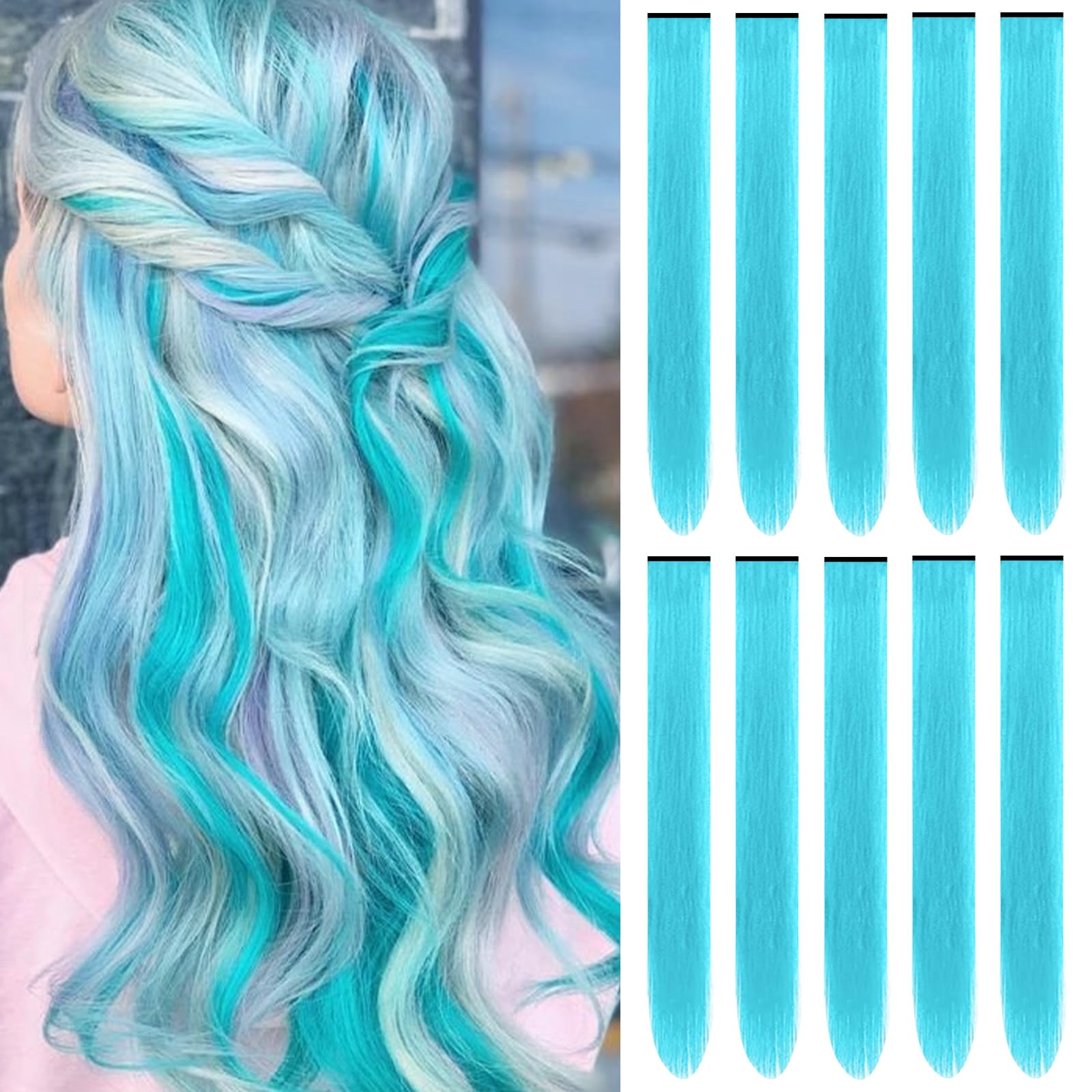 22 inch Colored Hair Extensions,Colorful Clip in Long Straight Synthetic Hair Extensions,Color Party Highlights Hairpieces for Women Girls Cosplay Styling(10 PCS Black)