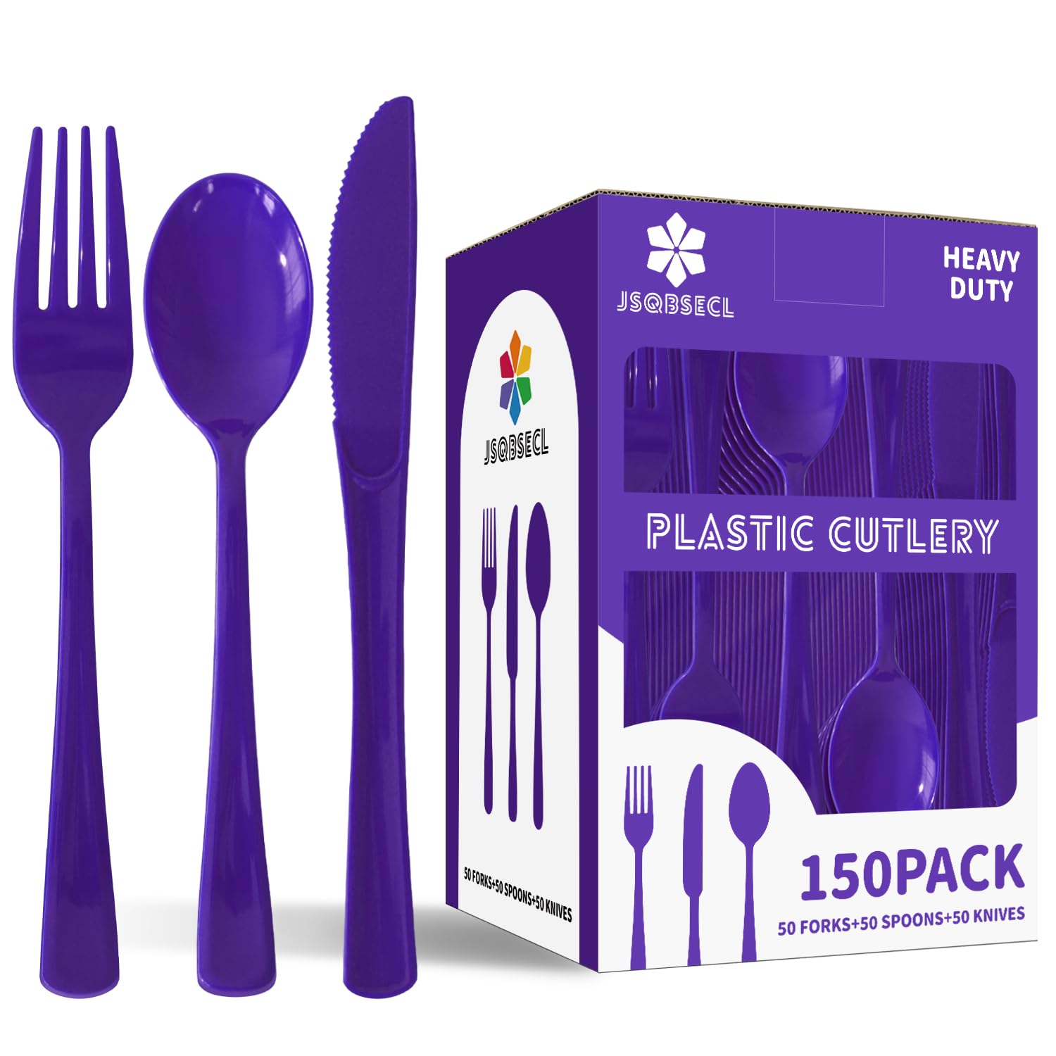 150 Pack Plastic Silverware,Disposable Cutlery Set Heavy Duty Utensil Sets 50 Forks 50 Knives 50 Spoons for Brithday, Wedding,Home School Party Picnics Restaurant Outdoor Events (Black)