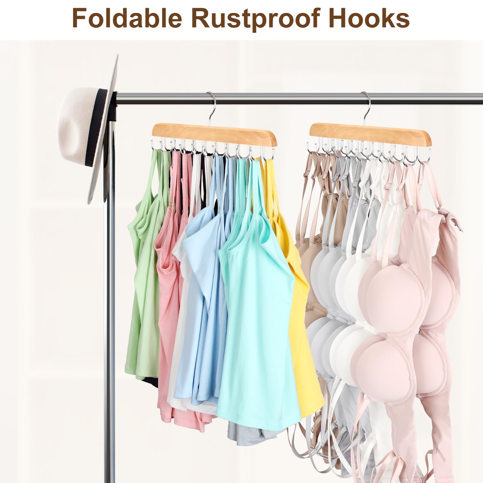 Bra Hanger for Closet, Tank Top Organizer 20 Hooks Capacity Foldable Wood Space Saving Hanger Closet Organizers and Storage for Dorm & Apartment for Tank Top, Hats, Scarf etc.