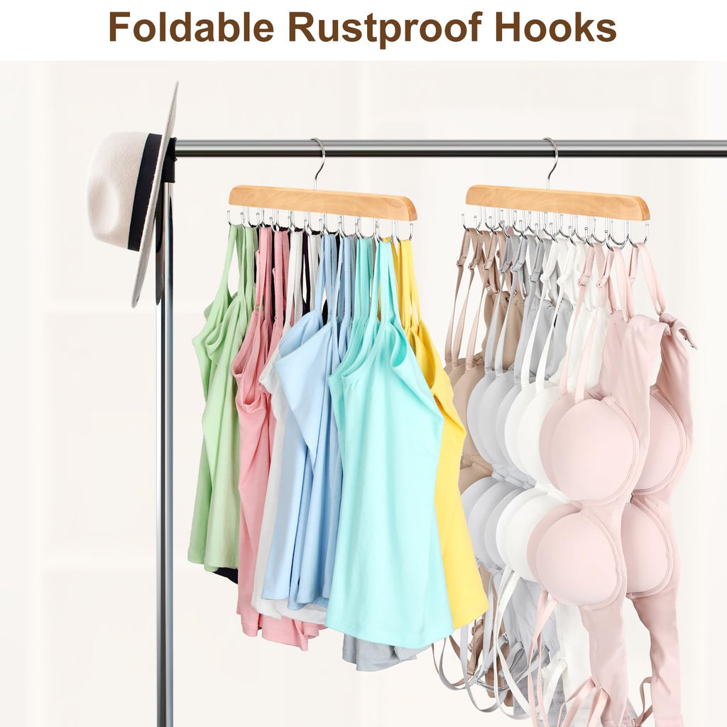 Bra Hanger for Closet, Tank Top Organizer 20 Hooks Capacity Foldable Wood Space Saving Hanger Closet Organizers and Storage for Dorm & Apartment for Tank Top, Hats, Scarf etc.