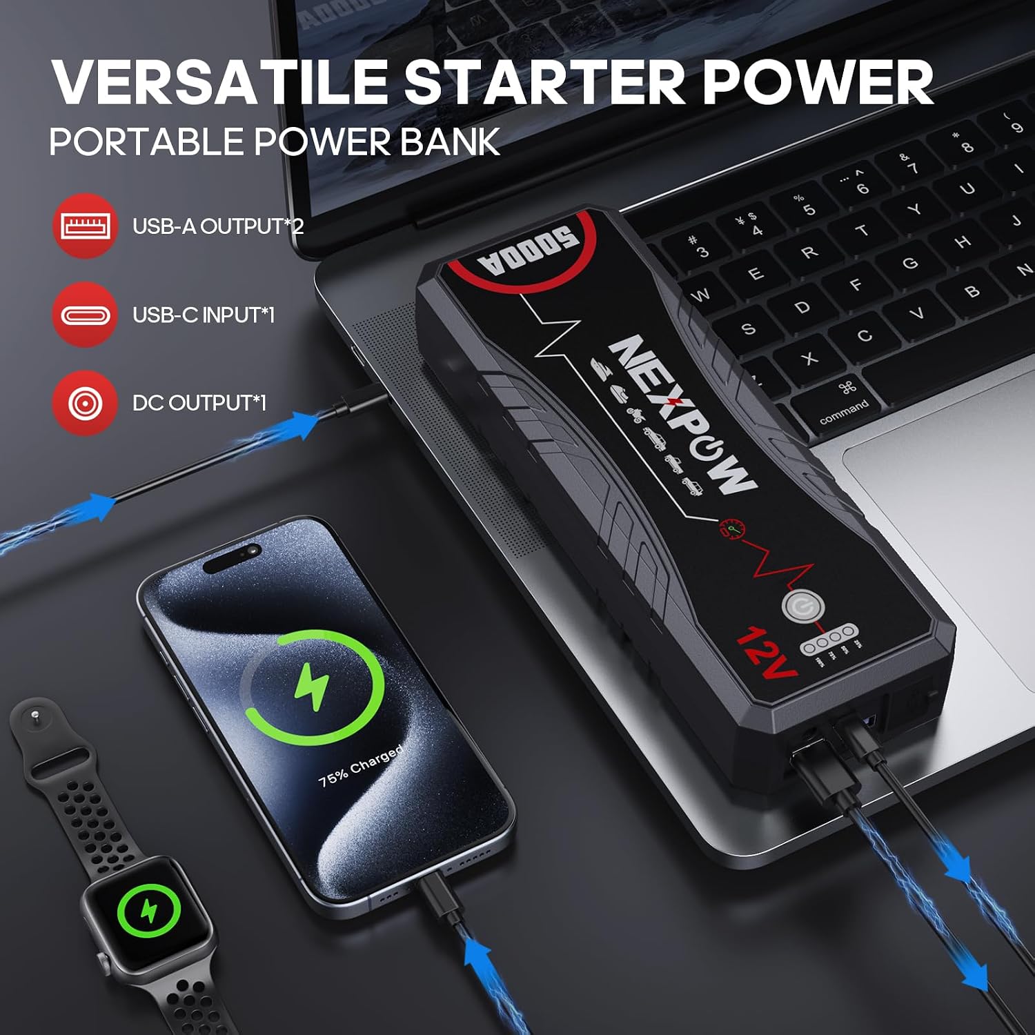 NEXPOW Car Jump Starter,Car Battery Jump Starter Pack 5000A Peak Q12 for All Gas and Up to10.0L Diesel Engine 12V Auto Battery Booster,Jumper Cables,Portable Jump Box with LED Light/USB QC3.0
