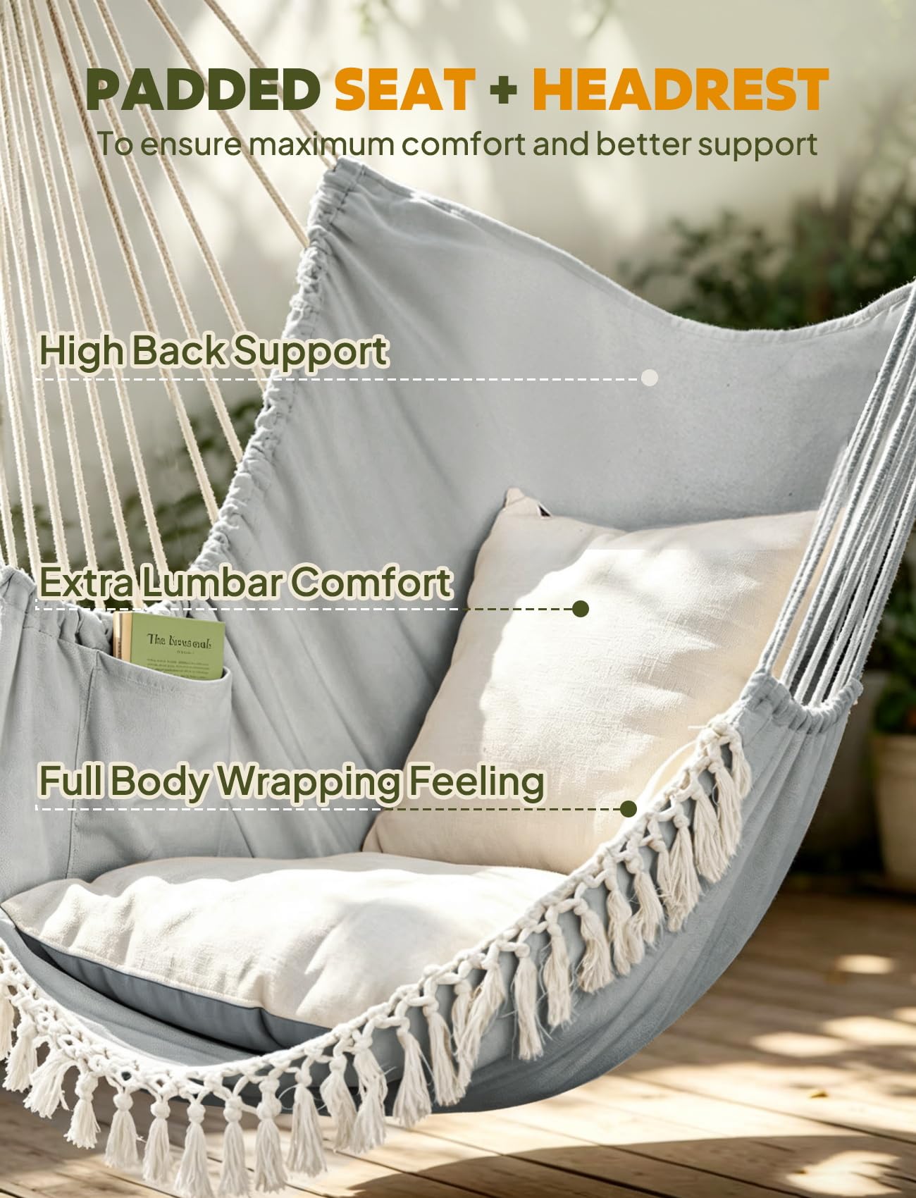 Chihee Hammock Chair Hanging Swing Max 500 Lbs 2 Cushions Included Metal Spreader Bar with Anti-Slip Grooves Portable Hanging Chair Side Pocket Large Macrame Bohemian Chair Indoor Outdoor | Hanging Swing with Anti-Slip Grooves Portable Hanging Chair Side