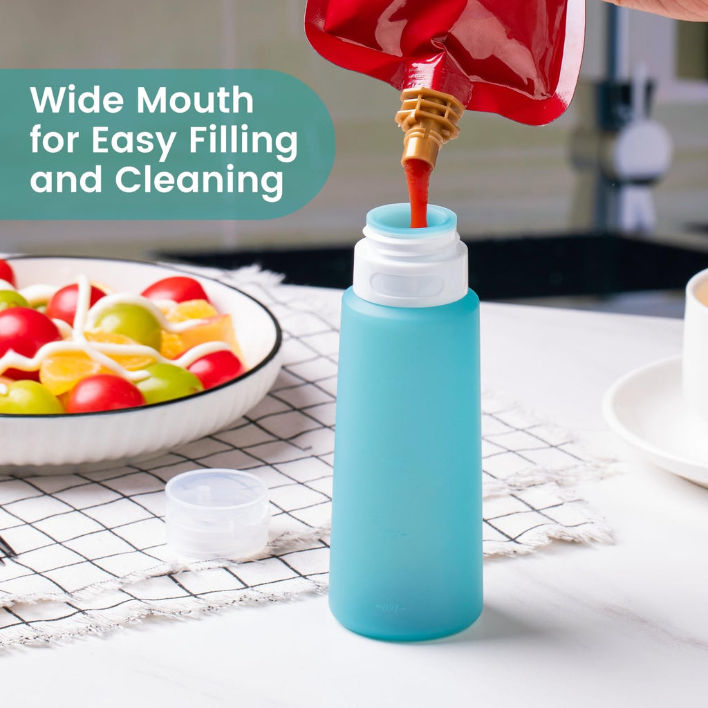 MICEBAY Condiment Squeeze Bottles for Sauces, 1-oz Mini Silicone Salad Dressing Container to Go with Snack Storage Bag, Leakproof Sauce Bottles for Lunch Box, 4 Pack, Blue