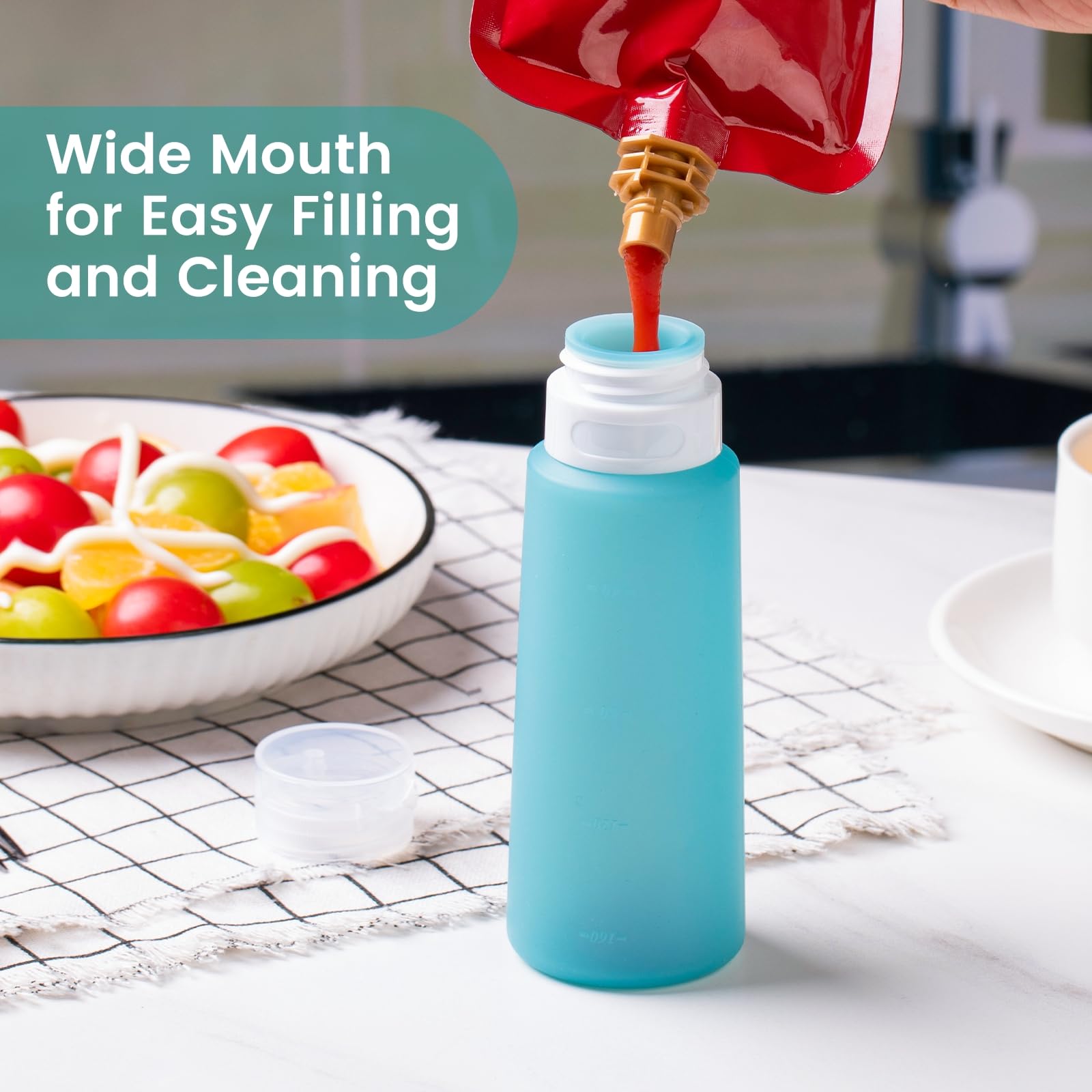 MICEBAY Condiment Squeeze Bottles for Sauces, 1-oz Mini Silicone Salad Dressing Container to Go with Snack Storage Bag, Leakproof Sauce Bottles for Lunch Box, 4 Pack, Blue