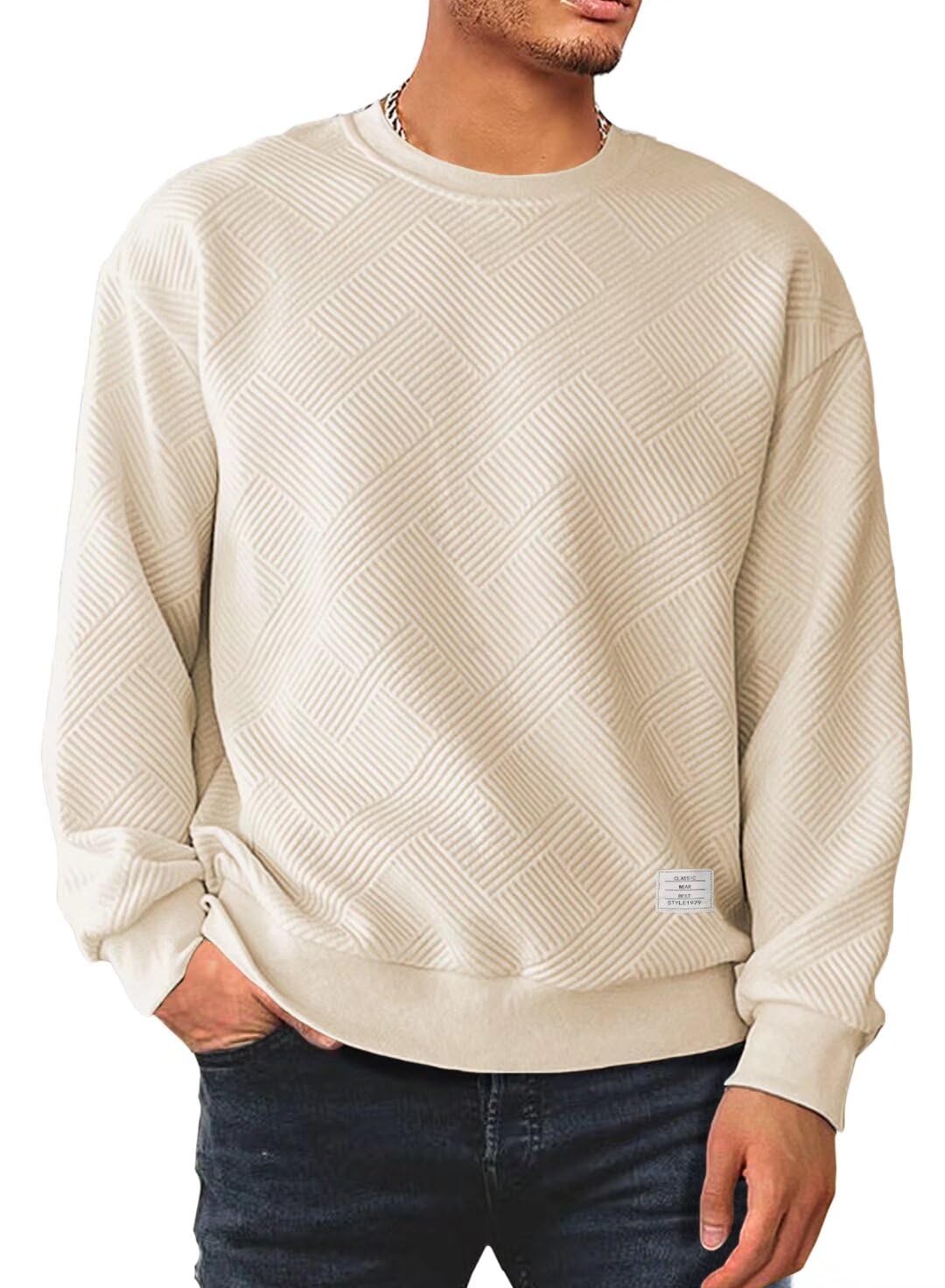 Dokotoo Men Men's Crewneck Sweatshirts Soild Color Geometric Texture Long Sleeve Casual Pullover Shirt
