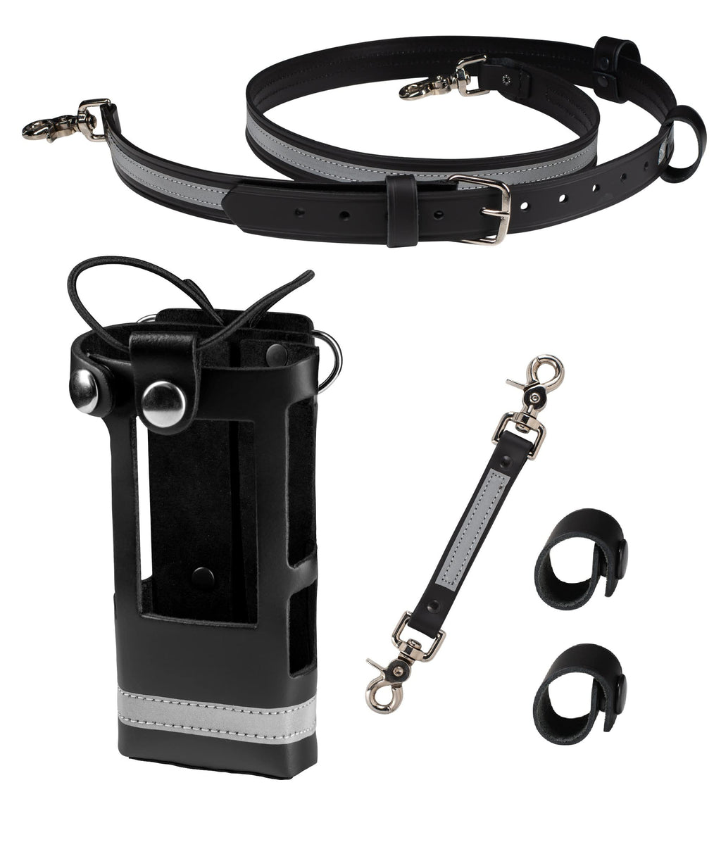Perfect Fit firefighter radio strap and holder leather Bundle Set Includes radio holster, strap, sway strap, cord keepers
