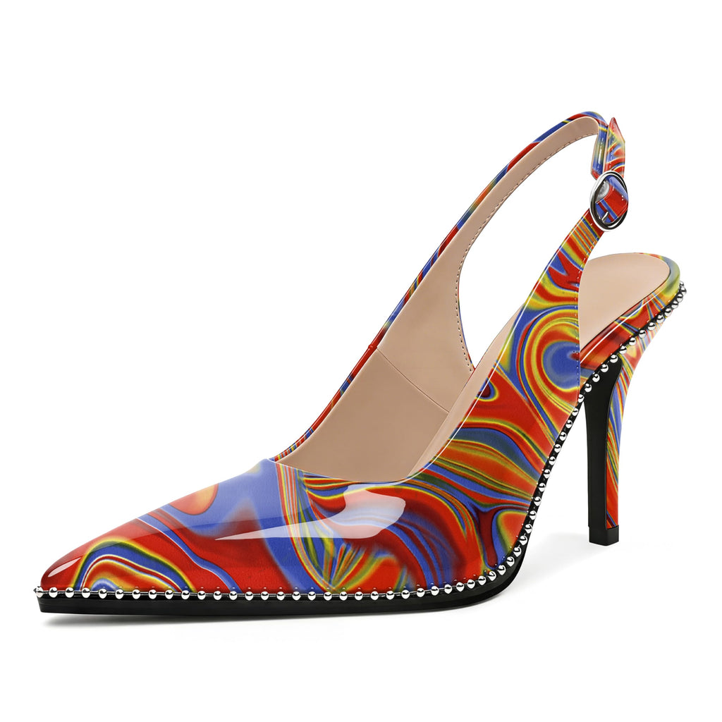 Zamikoo Women Beaded Pumps High Heel Slingback Pointed Toe Slip On 3.5 Inch Stilettos Ankle Strap Adjustable Buckle Patent Leather US Size 5 -Size 13