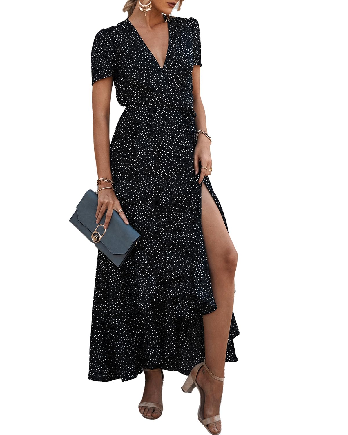 PRETTYGARDEN Women's Boho Floral Maxi Dress Summer Short Sleeve Wrap V Neck Long Flowy Beach Vacation Wedding Guest Dresses
