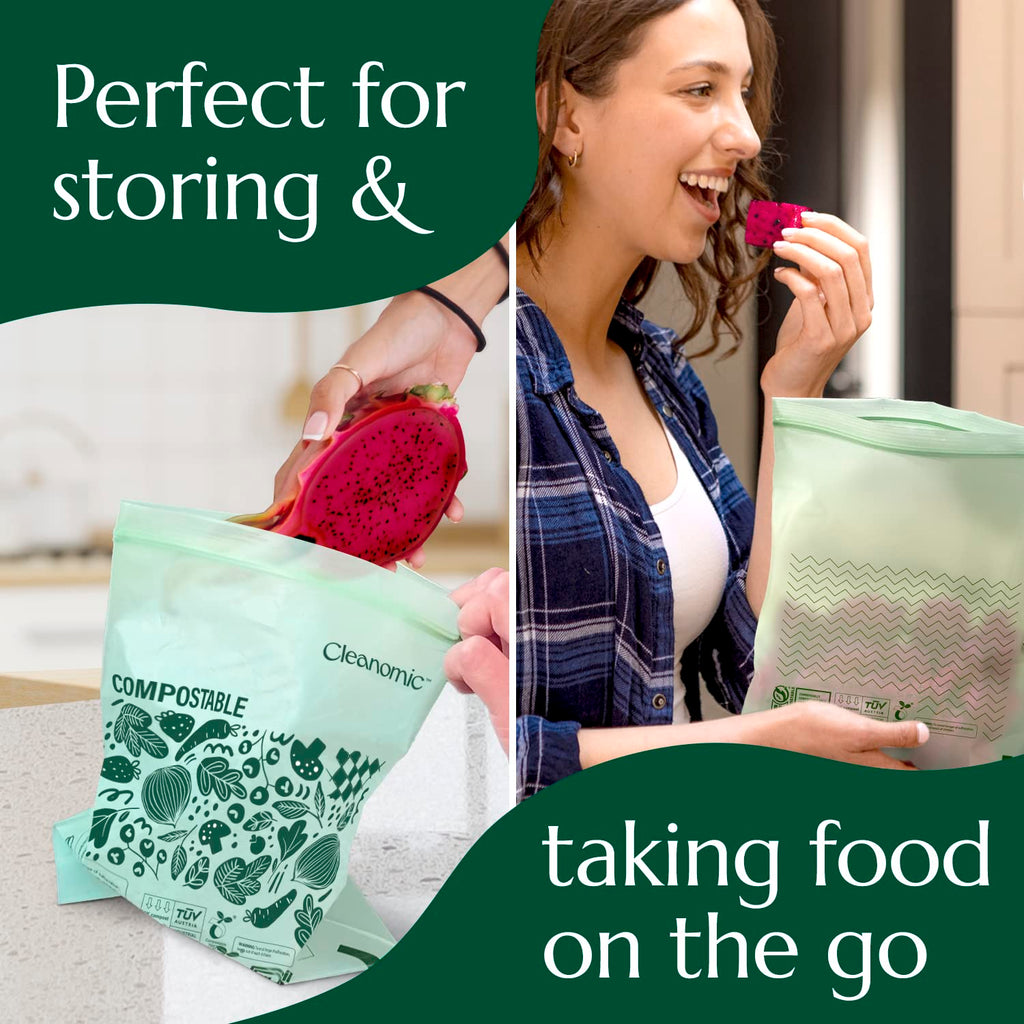 Cleanomic Compostable* Snack Size Food Storage Bags (50 Eco Zip) Freezer and Leak Proof, Also Available Gallon, Quart and Sandwich Size Bags