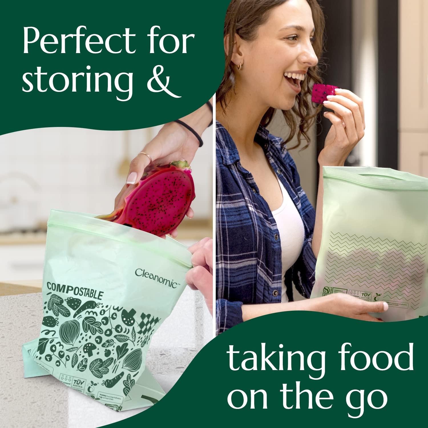 Cleanomic Compostable* Snack Size Food Storage Bags (50 Eco Zip) Freezer and Leak Proof, Also Available Gallon, Quart and Sandwich Size Bags