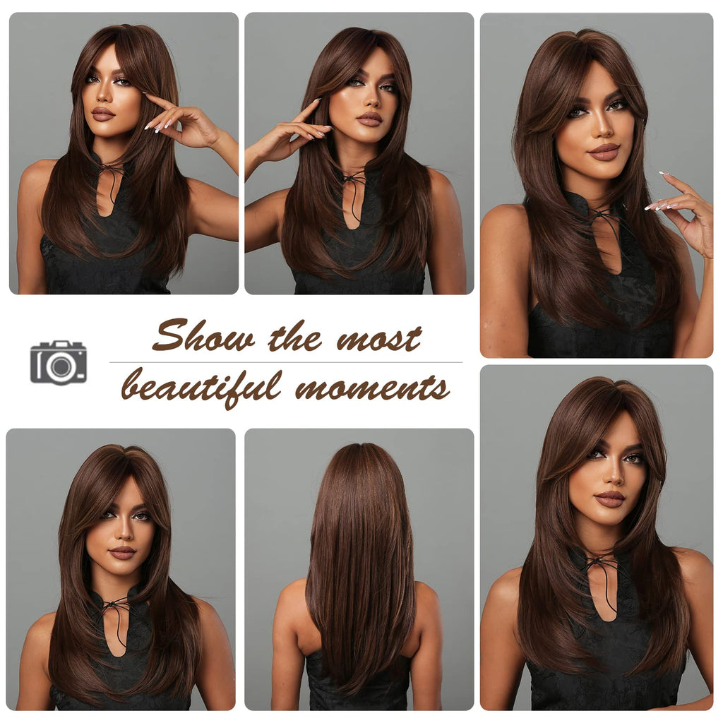 HAIRCUBE Auburn Wigs for Women,Long Layered Orange Wigs with Bangs Heat Resistant Synthetic Fibre Wigs(pelucas de cabello natural)