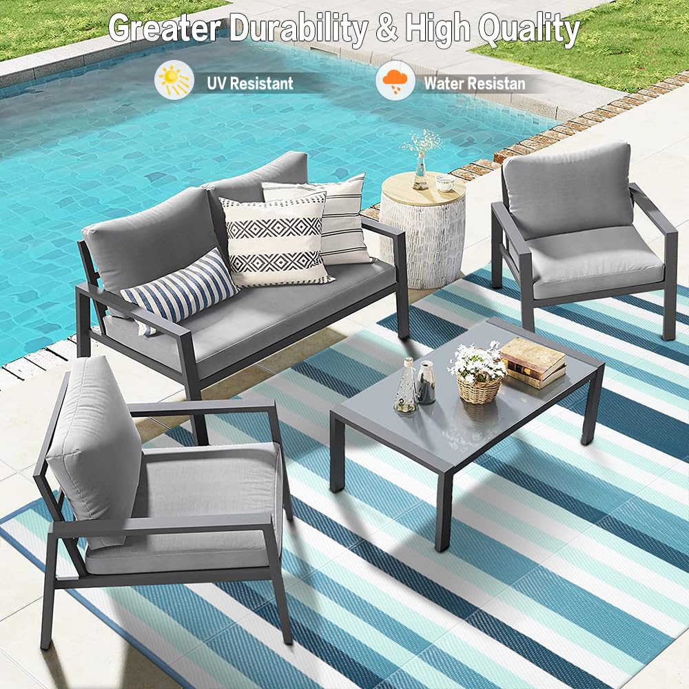 HUGEAR Outdoor Patio Rug 3'x5' Waterproof Outside Area Rugs Blue Reversible Plastic Straw Carpet for RV Deck Camping Entryance Porch Picnic Balcony Beach