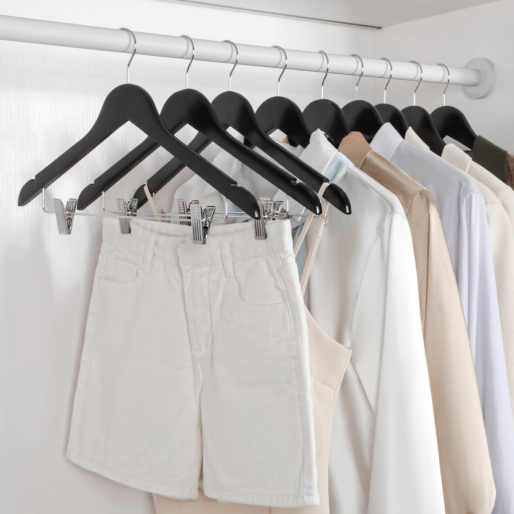 TOPIA HANGER Wooden Suit Hangers with Adjustable Metal Clips (10 Pack), Solid Wood Clothes Hangers, 360° Swivel Hook, Premium Retro Finish Pants Hangers for Clothes Coat, Jeans, Blouse-CT28A