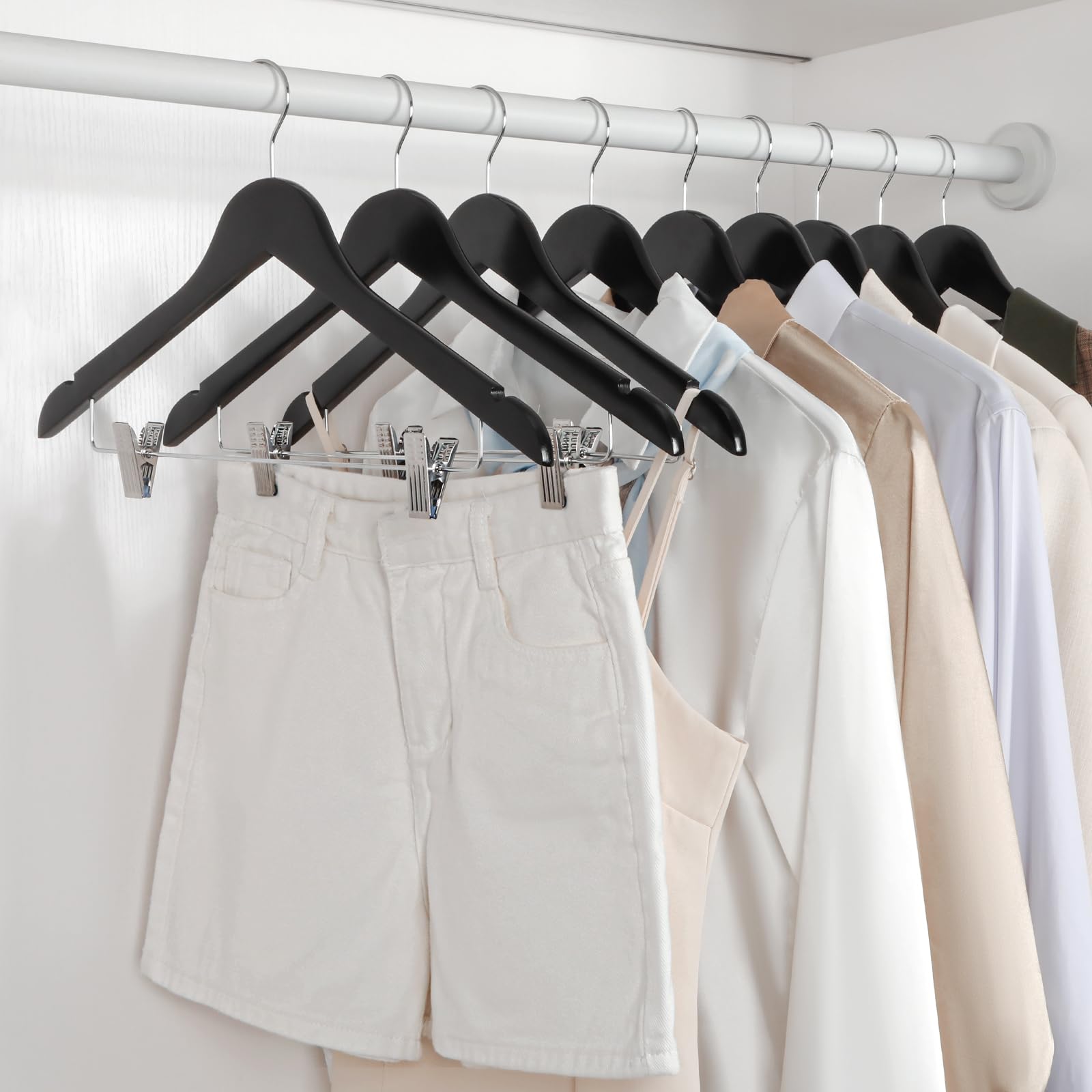 TOPIA HANGER Wooden Suit Hangers with Adjustable Metal Clips (10 Pack), Solid Wood Clothes Hangers, 360° Swivel Hook, Premium Retro Finish Pants Hangers for Clothes Coat, Jeans, Blouse-CT28A