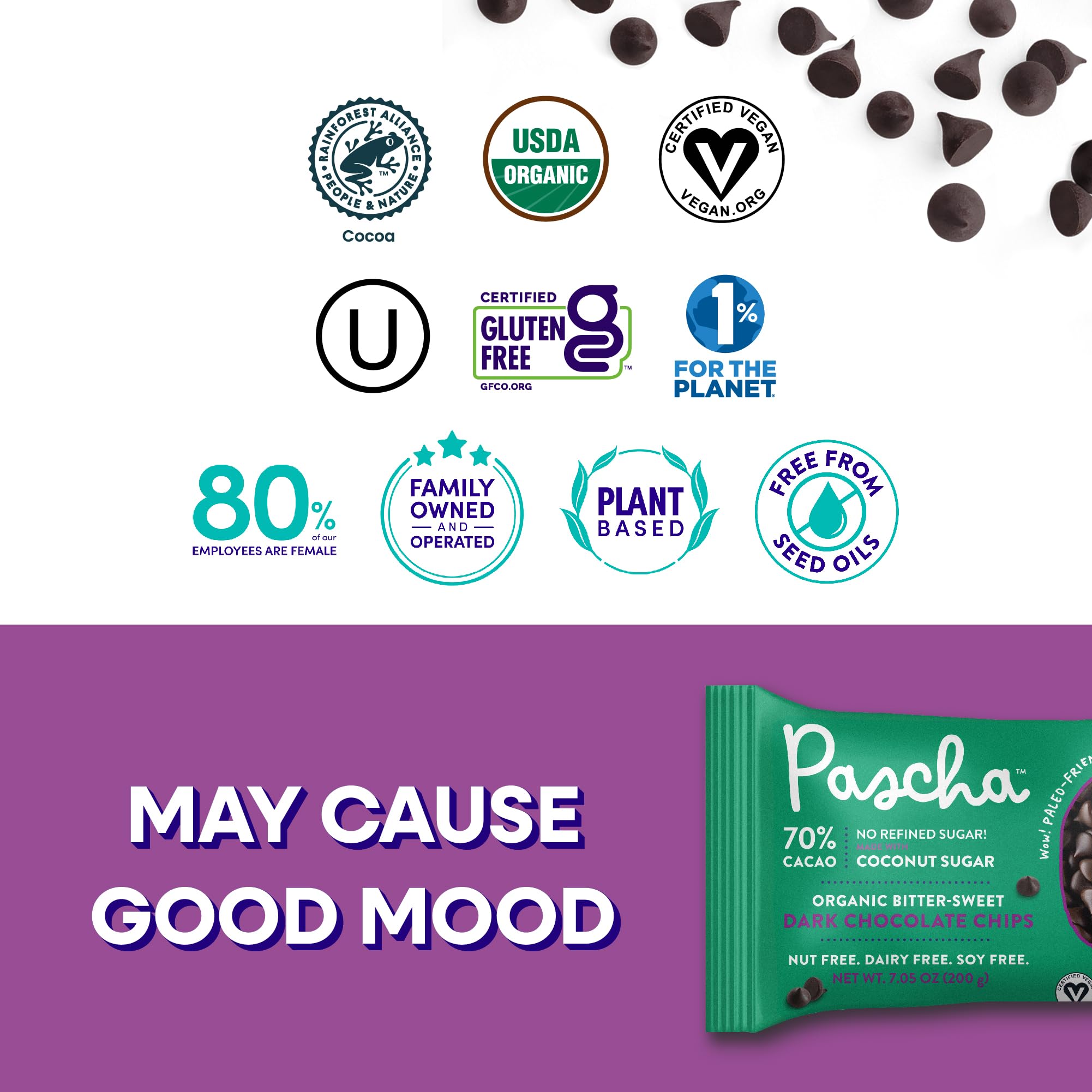Pascha Organic 70% Cacao Baking Chips - Bittersweet Dark Chocolate with Coconut Sugar - Vegan, Non-GMO, Rainforest Alliance Certified - Allergen-Free (Pack of 8)