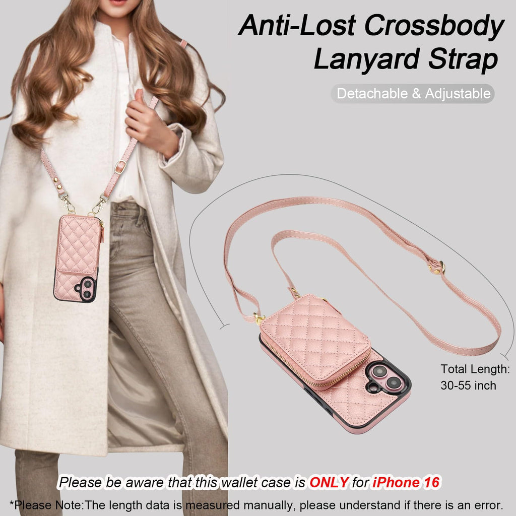 Bocasal Crossbody Wallet Case for iPhone 16, RFID Blocking PU Leather Zipper Handbag Purse Flip Cover, Kickstand Folio Case with Card Slots Holder Wrist Strap Lanyard 5G 6.1 Inch (Black)
