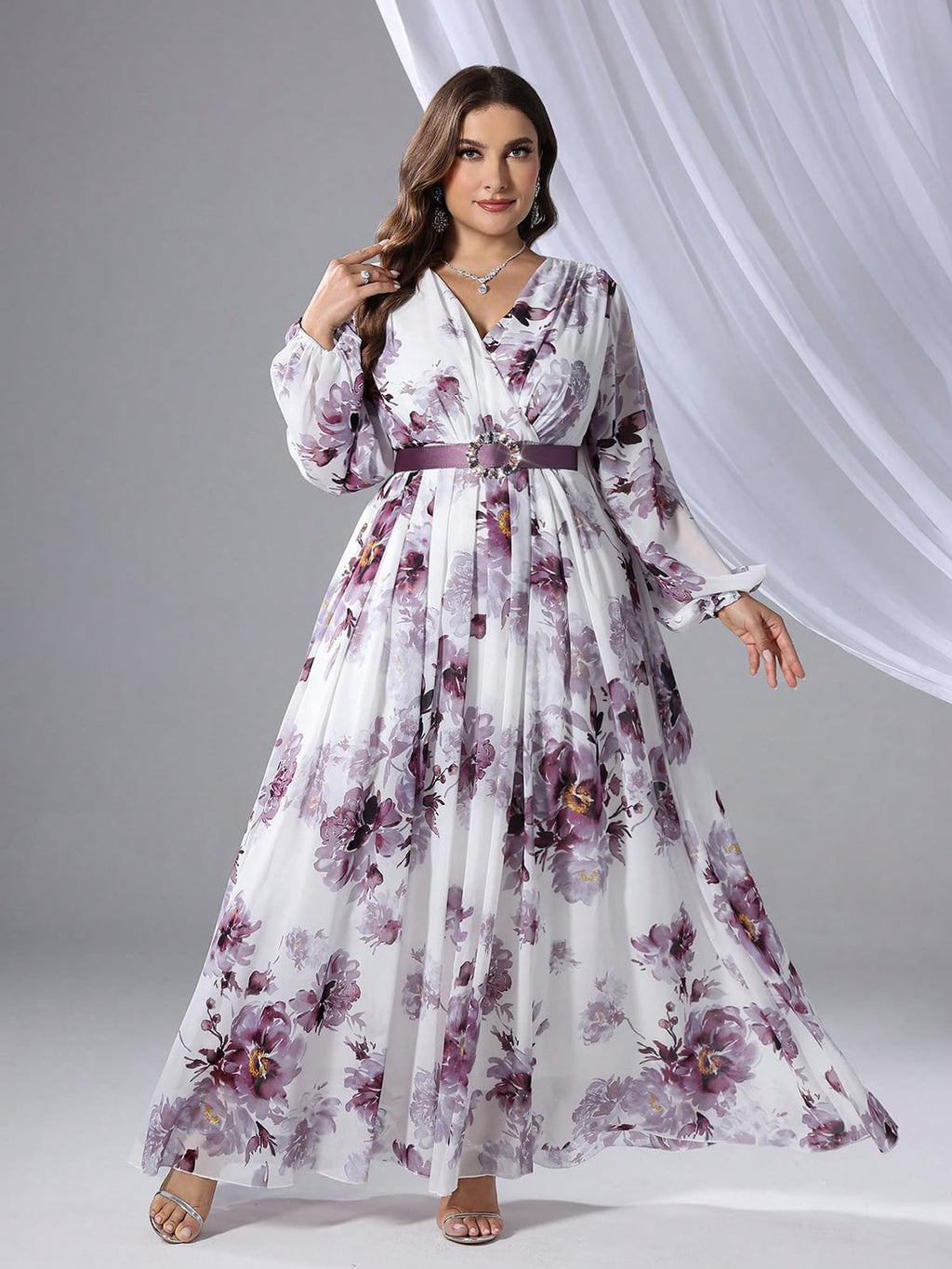 Spring Summer 2024 Plus Size Womens Dresses V Neck Casual Elegant Long Sleeve Floral Print Maxi Dress