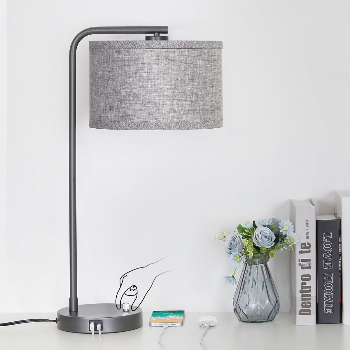 Table Lamps Set of 2, Fully Dimmable Bedside Lamp with USB C+A Charging Ports, Modern Nightstand Lamps with Linen Fabric Shades, Tall Desk Lamp for Bedroom, Living Room, Office, LED Bulb Included