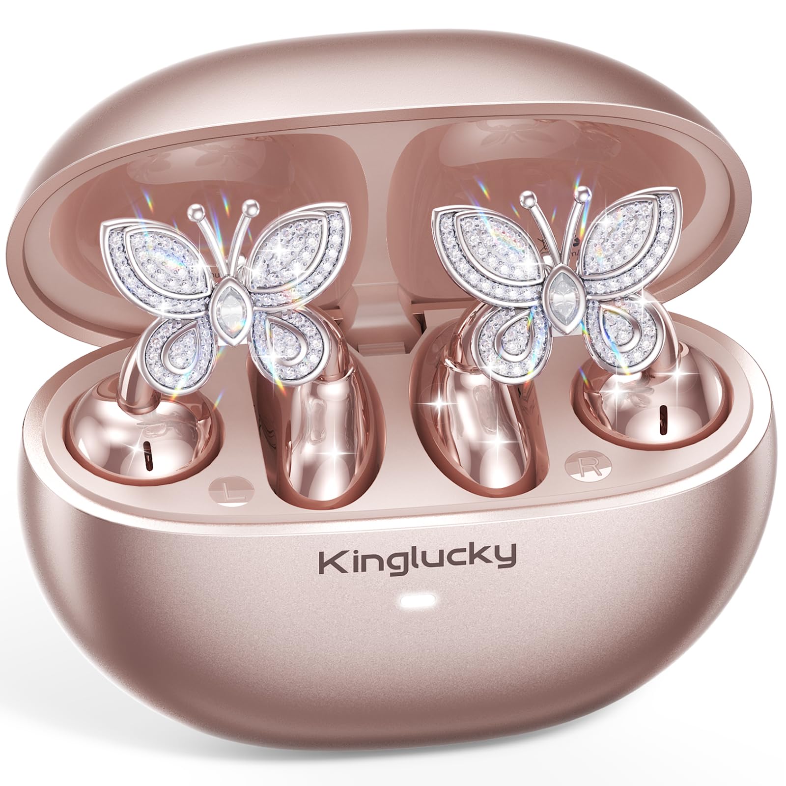 Kinglucky Jewelry-Inspired Clip-On Earbuds with Butterfly Earrings, Comfortable Fit & 40H Playtime Open Ear Bluetooth 5.4 Wireless Headphones for Women, Small Ears, Sports & Workouts (Black)