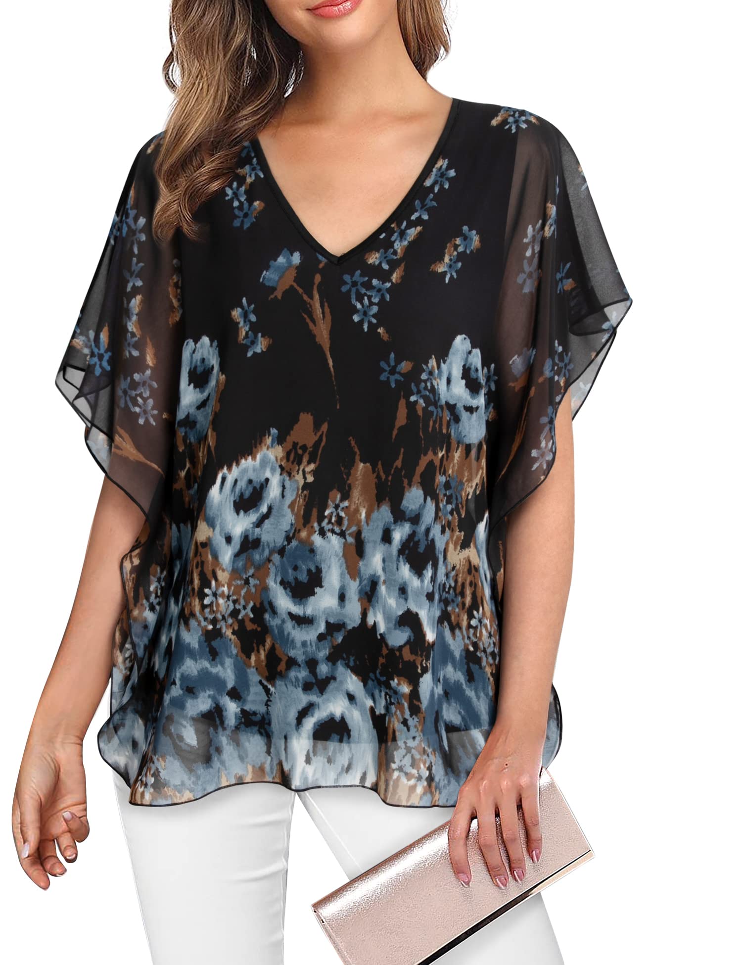Lotusmile Women's Loose Flouncing Flutter Sleeve Double-Layered Shirt Chiffon Elegant Dressy Blouse Work Tops