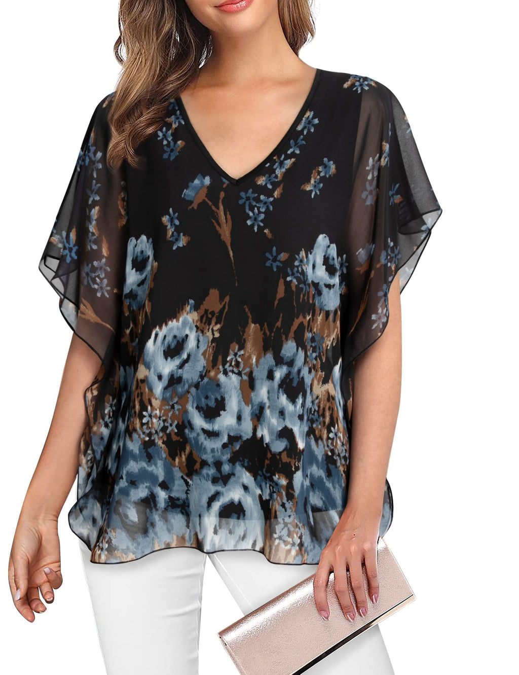 Lotusmile Women's Loose Flouncing Flutter Sleeve Double-Layered Shirt Chiffon Elegant Dressy Blouse Work Tops