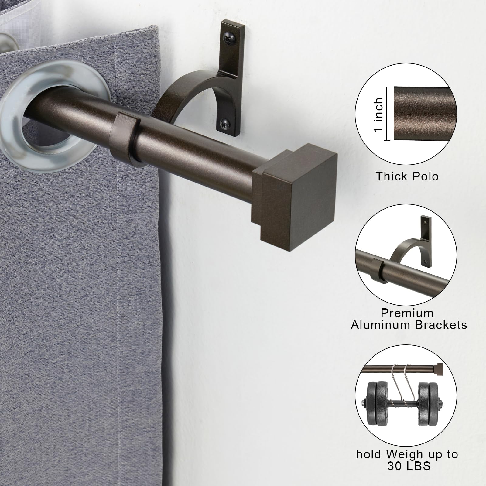 Single Curtain Rods for Windows 28 to 48 Inch(2.3-4ft),1 Inch Diameter Adjustable Heavy Duty Drapery Rods,with Modern Square Aluminum Alloy Finials,Antique Bronze