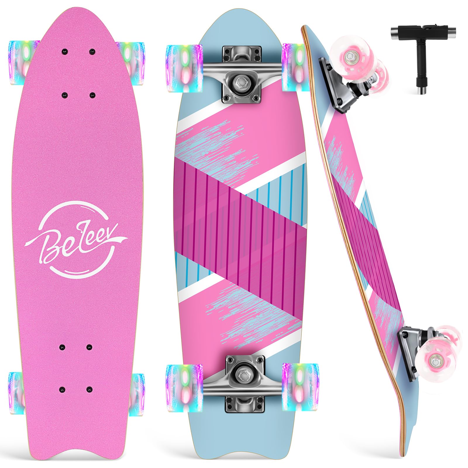 BELEEV Cruiser Skateboards for Beginners, 27 x 8 inch Complete Skateboard for Kids Teens Adults, 7 Ply Canadian Maple Double Kick Deck Concave Skateboard with Skate T-Tool