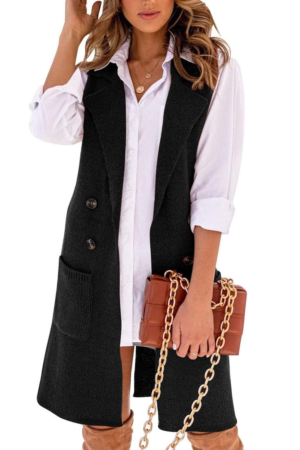 Danedvi Women Open Front Lapel Collar Cardigan Vest Button Down Long Sweaters Cardigan Solid Outerwear Coats