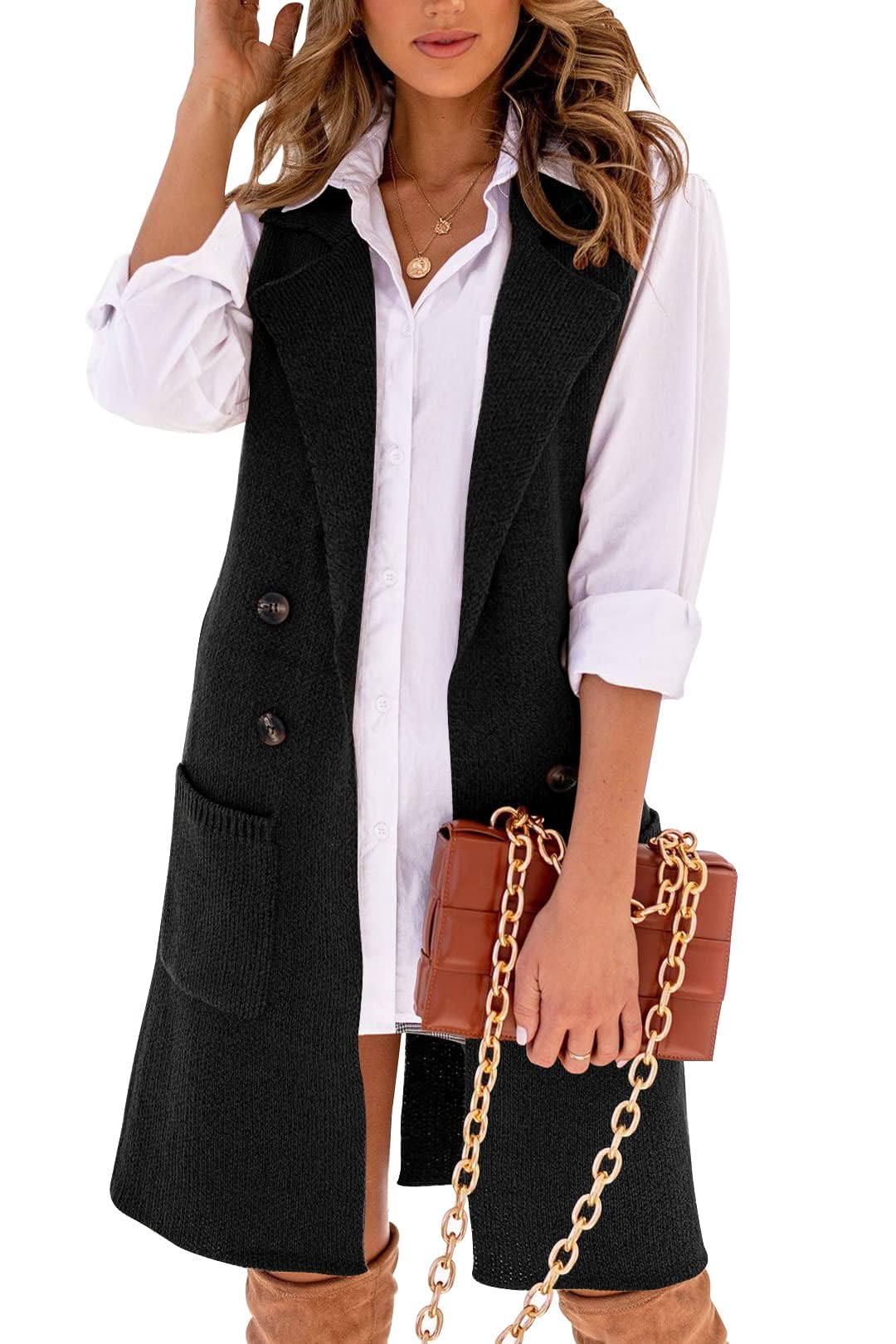 Danedvi Women Open Front Lapel Collar Cardigan Vest Button Down Long Sweaters Cardigan Solid Outerwear Coats