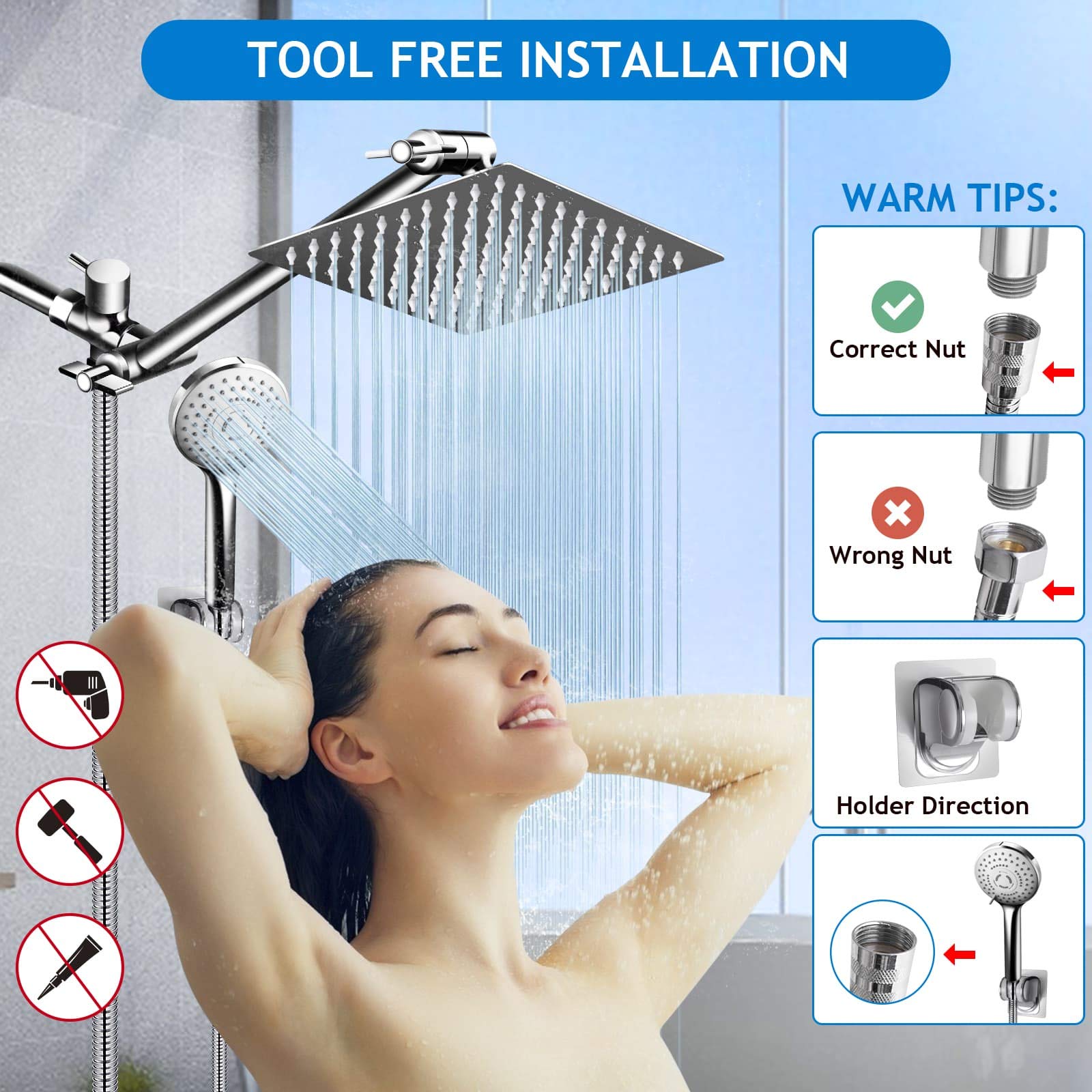 Shower Head Combo(Brushed Nickel),8 Inch High Pressure Rain Shower Head with 11 Inch Adjustable Extension Arm and 5 Settings Handheld Shower Head Combo,Powerful Shower Spray Against Low Pressure Water