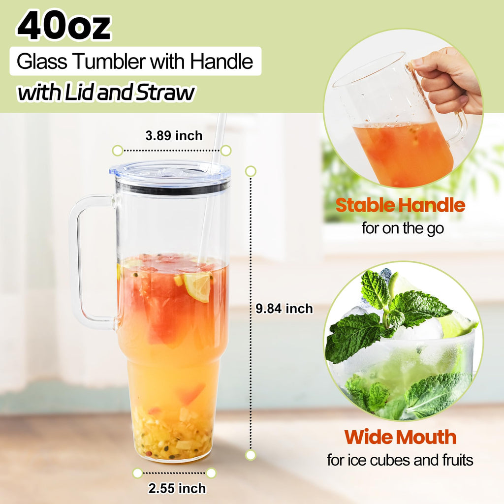 40 oz Glass Tumbler with Handle 12 Pack Glass Tumbler with Straw and Lid Clear Reusable Iced Coffee Cup, Fits Car Cup Holder, BPA Free, for Boba Tea, Juice, Smoothie, Beer(Sublimatable)